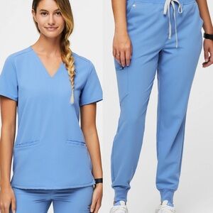 FIGS Women's Ciel Blue Scrub Set Small Casma 3 Pocket Top/ Medium Zamora Joggers